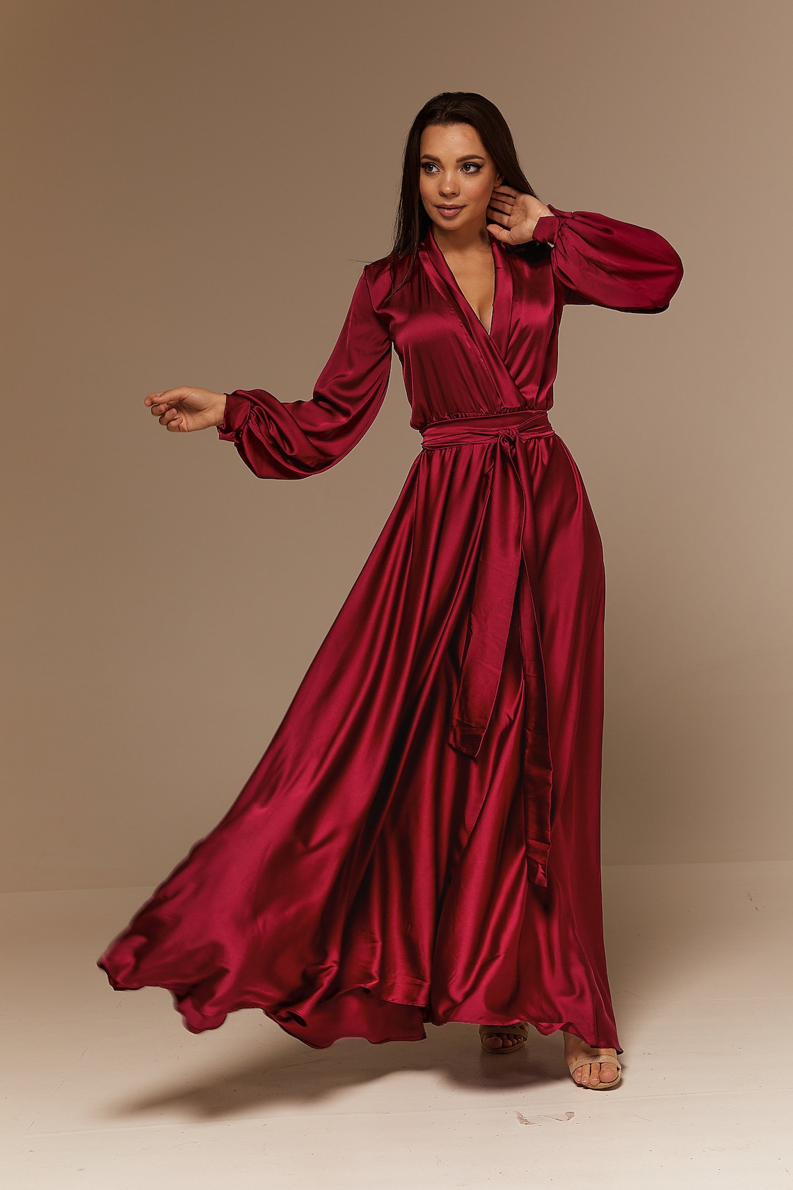 Burgundy Long Silk Bridesmaid Dress Flared Dress Maxi Prom image 1