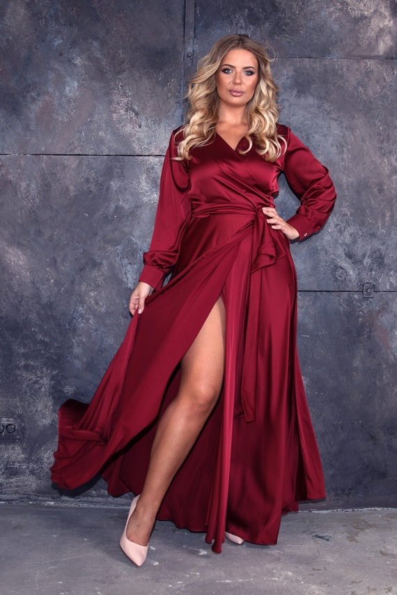 Jane Austen Fugtig Dårlig skæbne Burgundy Silk Maxi Wrap Dress Plus Size Dark Red Wine | Etsy