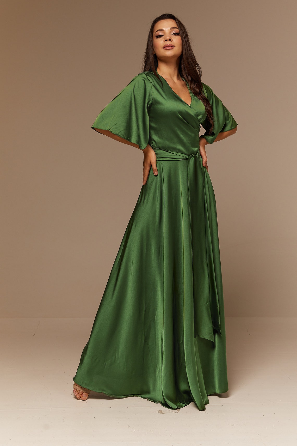 Moss Green Silk Flared Dress Maxi Summer Bridesmaid Olive | Etsy