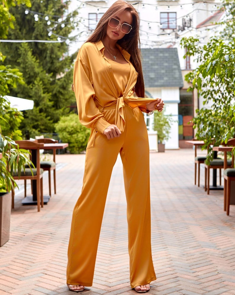 red satin trouser suit