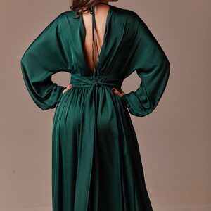 Dark Emerald Green Silk Maxi Dress, Bridesmaid Dress, Open Back, Long ...