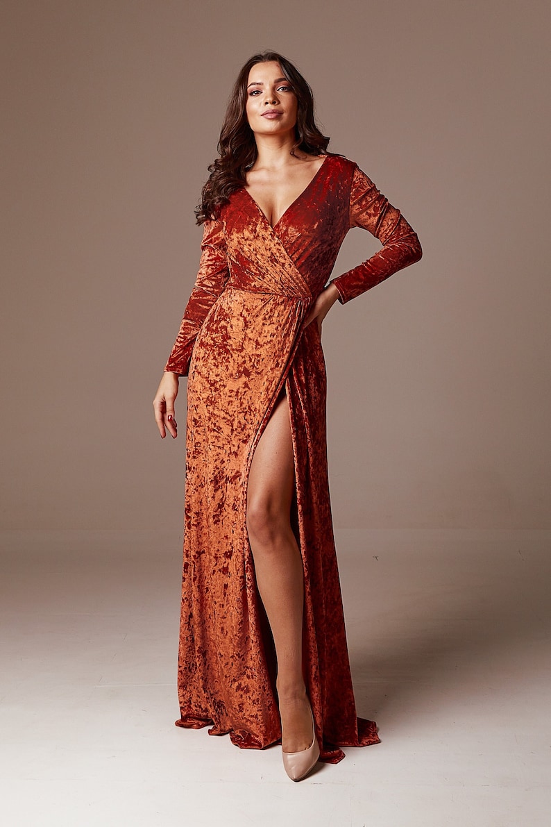 Rust Velvet Maxi Dress with Train Long Sleeves Bridesmaid image 1