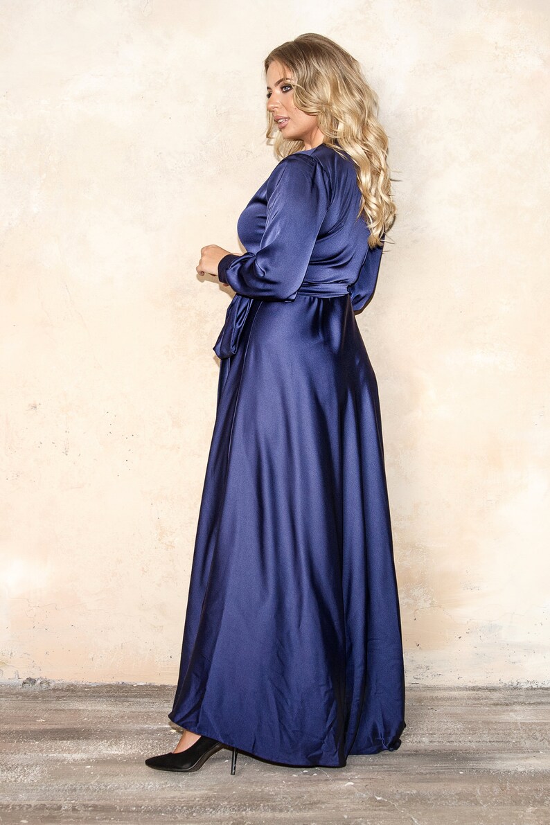 Plus Size Navy Blue Silk Long Flared Wrap Dress Satin Evening Etsy