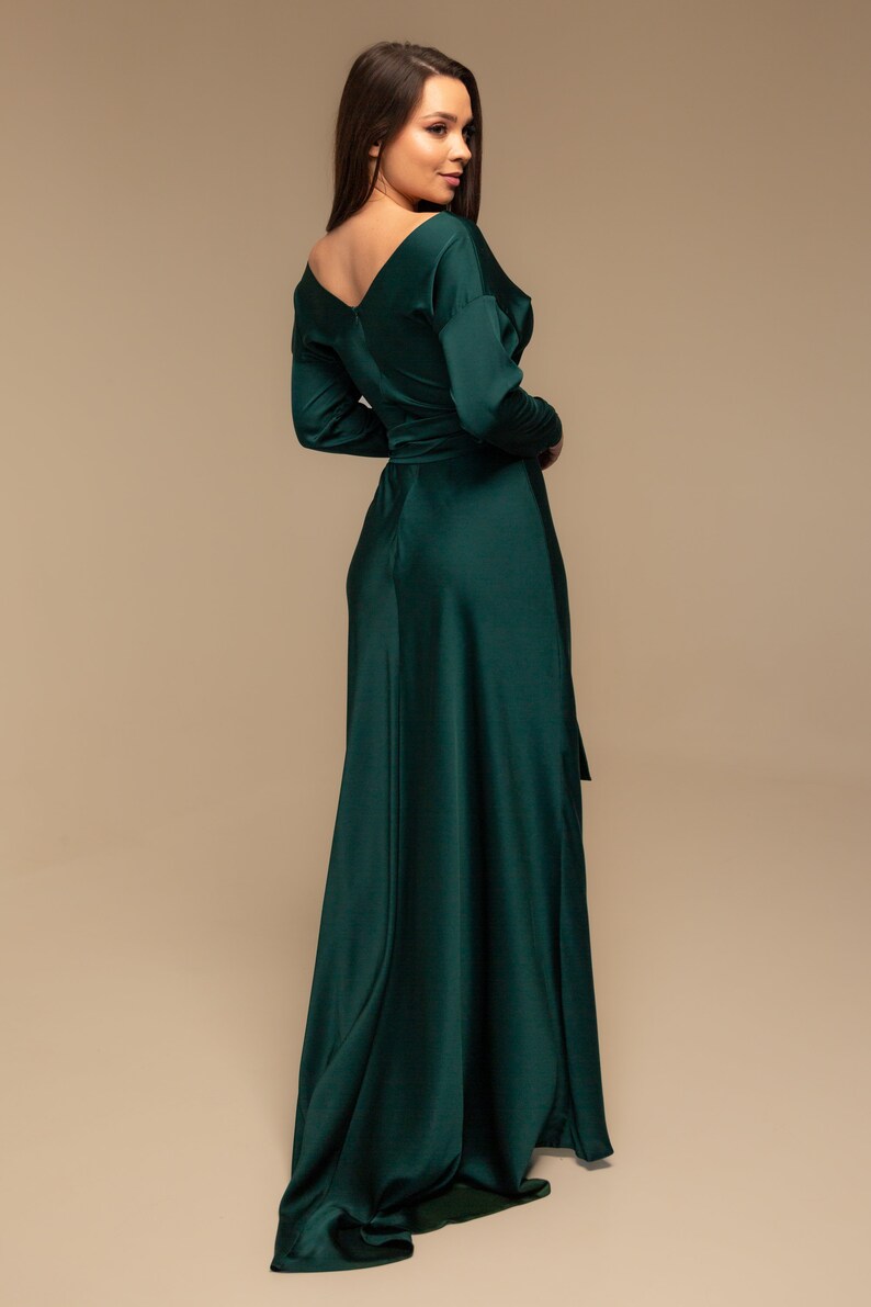 Emerald Green Silk Maxi Dress With Train Emerald Bridesmaid - Etsy