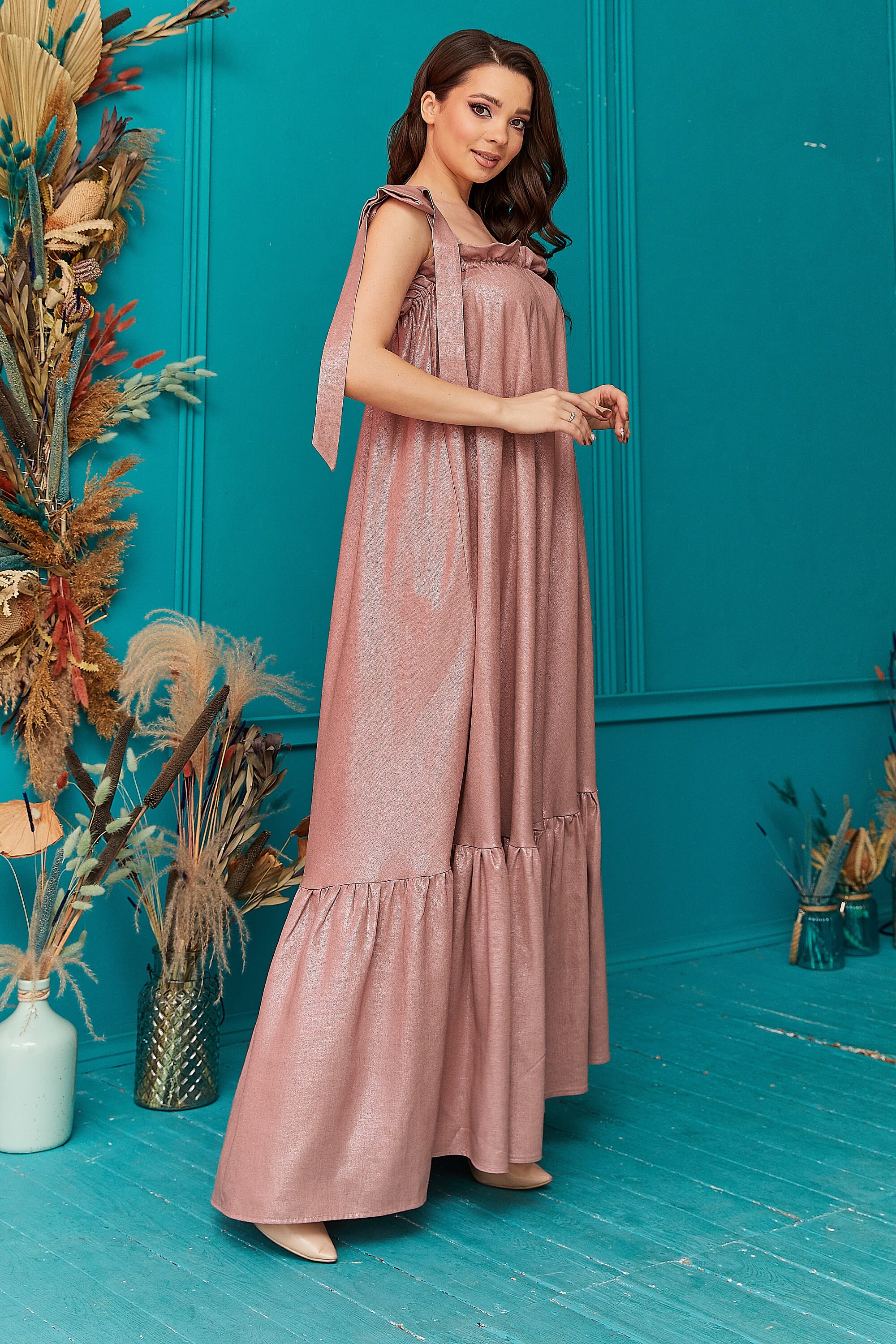 Rose Gold Linen Sundress Maxi Summer Linen Dress Loose Linen Etsy UK