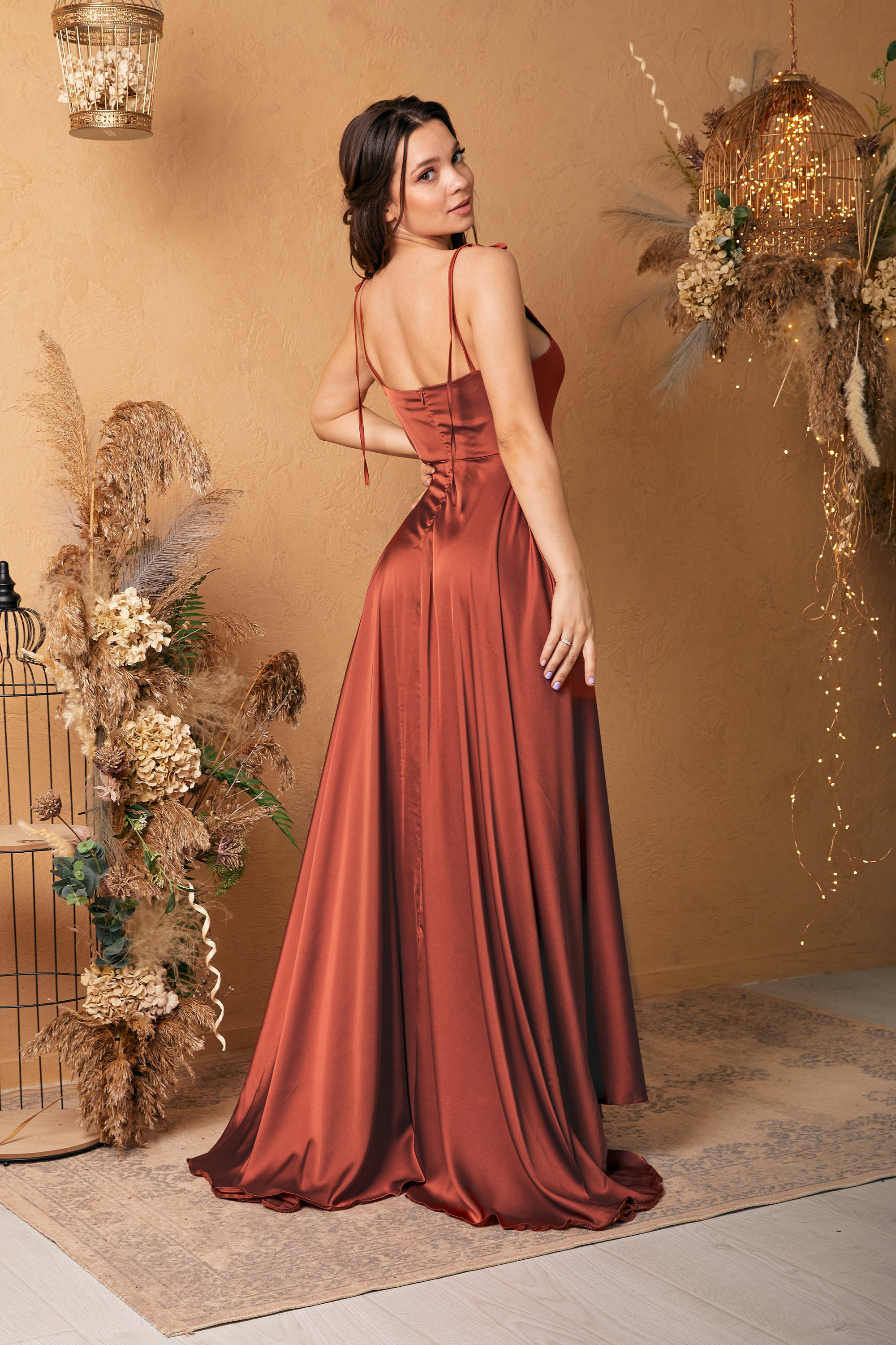 satin rust bridesmaid dress