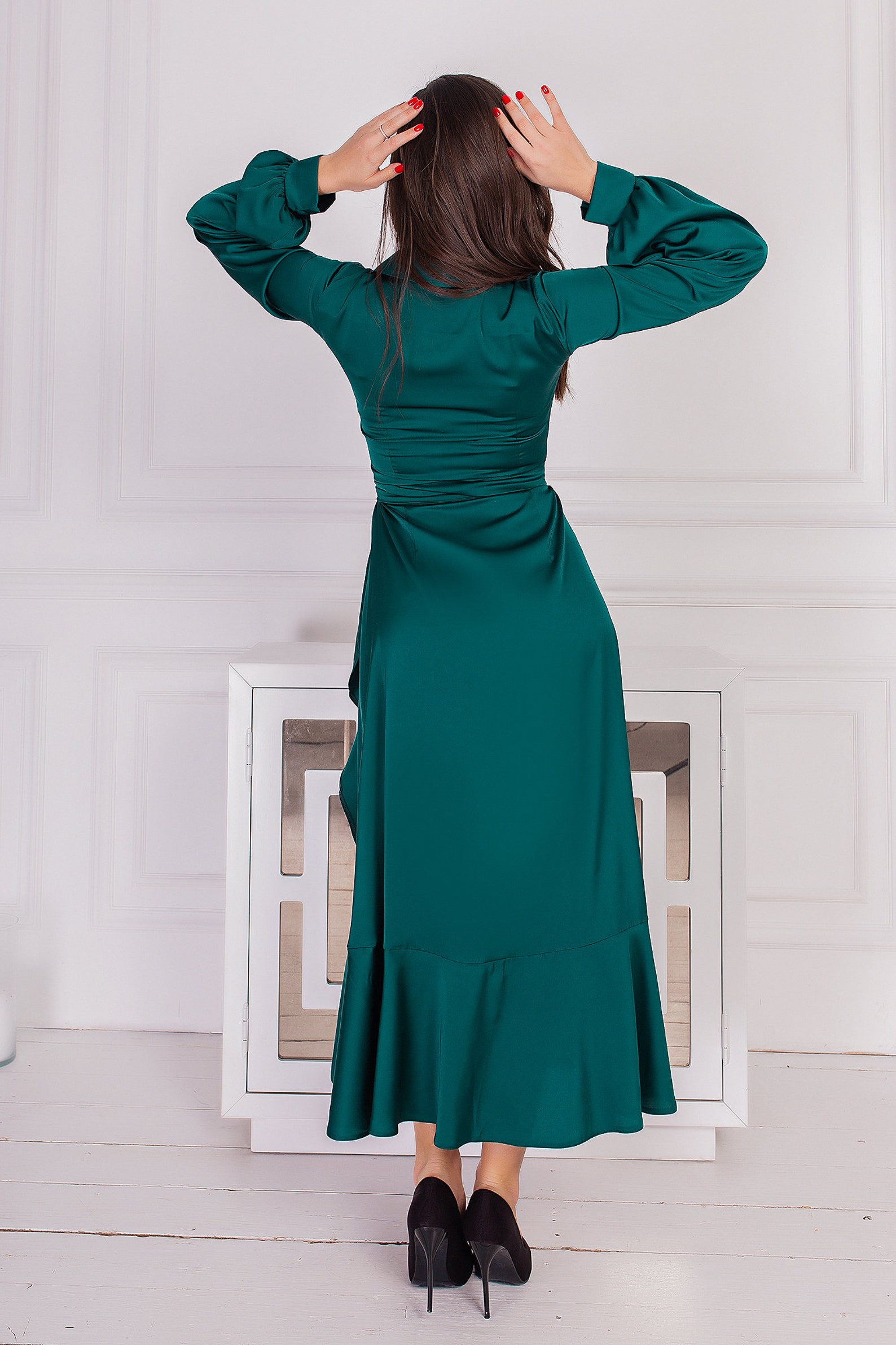Emerald Green Bridesmaid Silk Ruffle Dress Green Maxi Satin Etsy