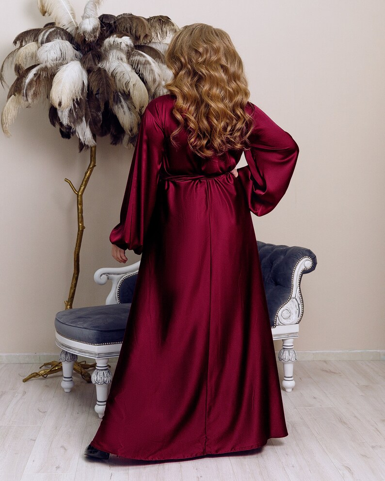 Burgundy Silk Wrap Flared Dress Plus Size Bridesmaid Gown image 4