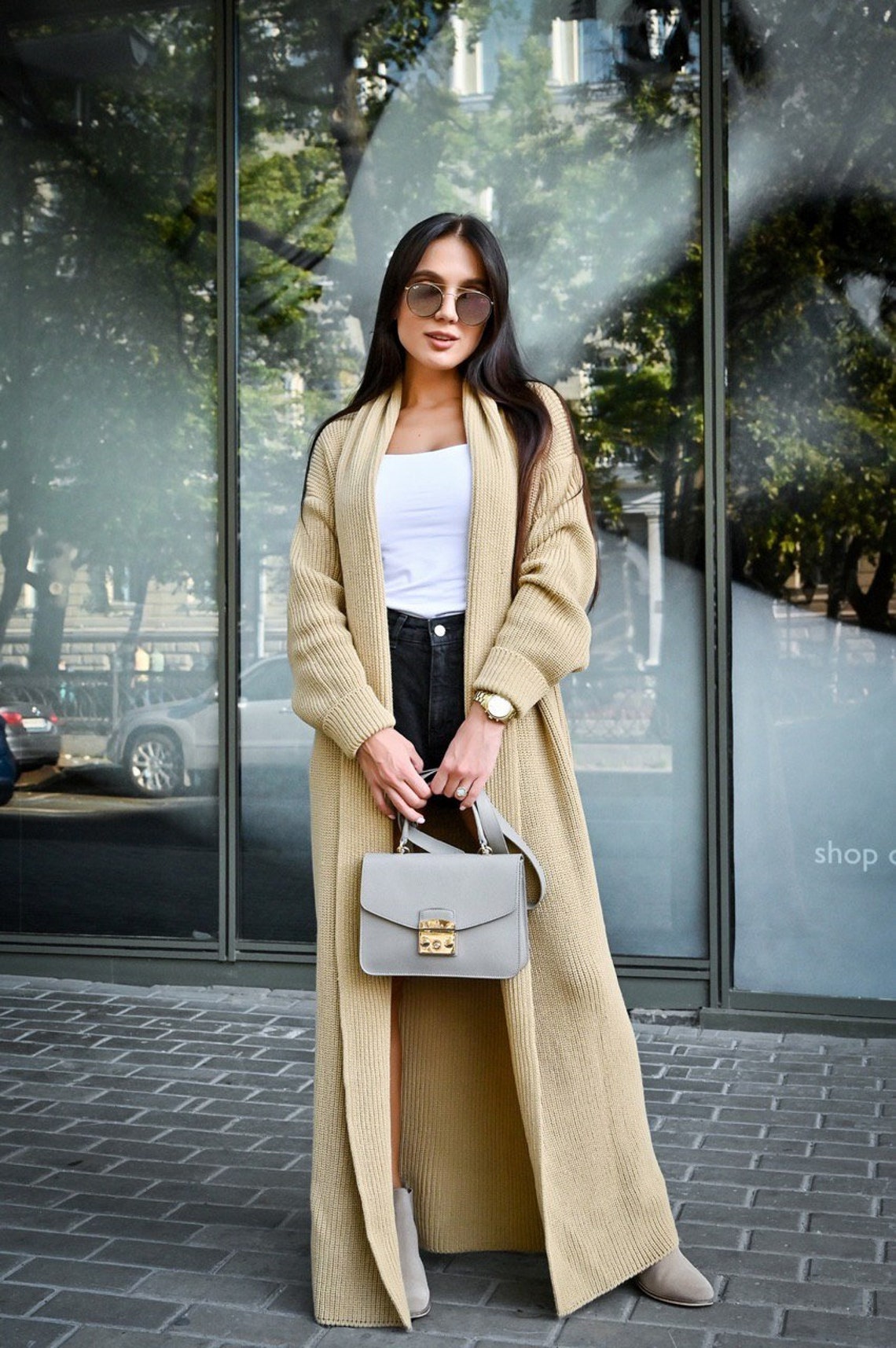 Beige Knitted Cotton Long Cardigan for Women Etsy