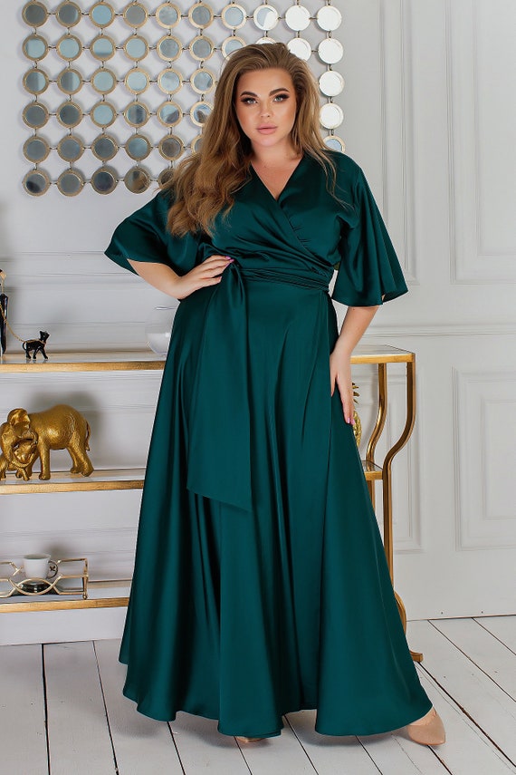 Emerald Green Silk Flared Wrap Dress Bell Short Sleeve Plus | Etsy