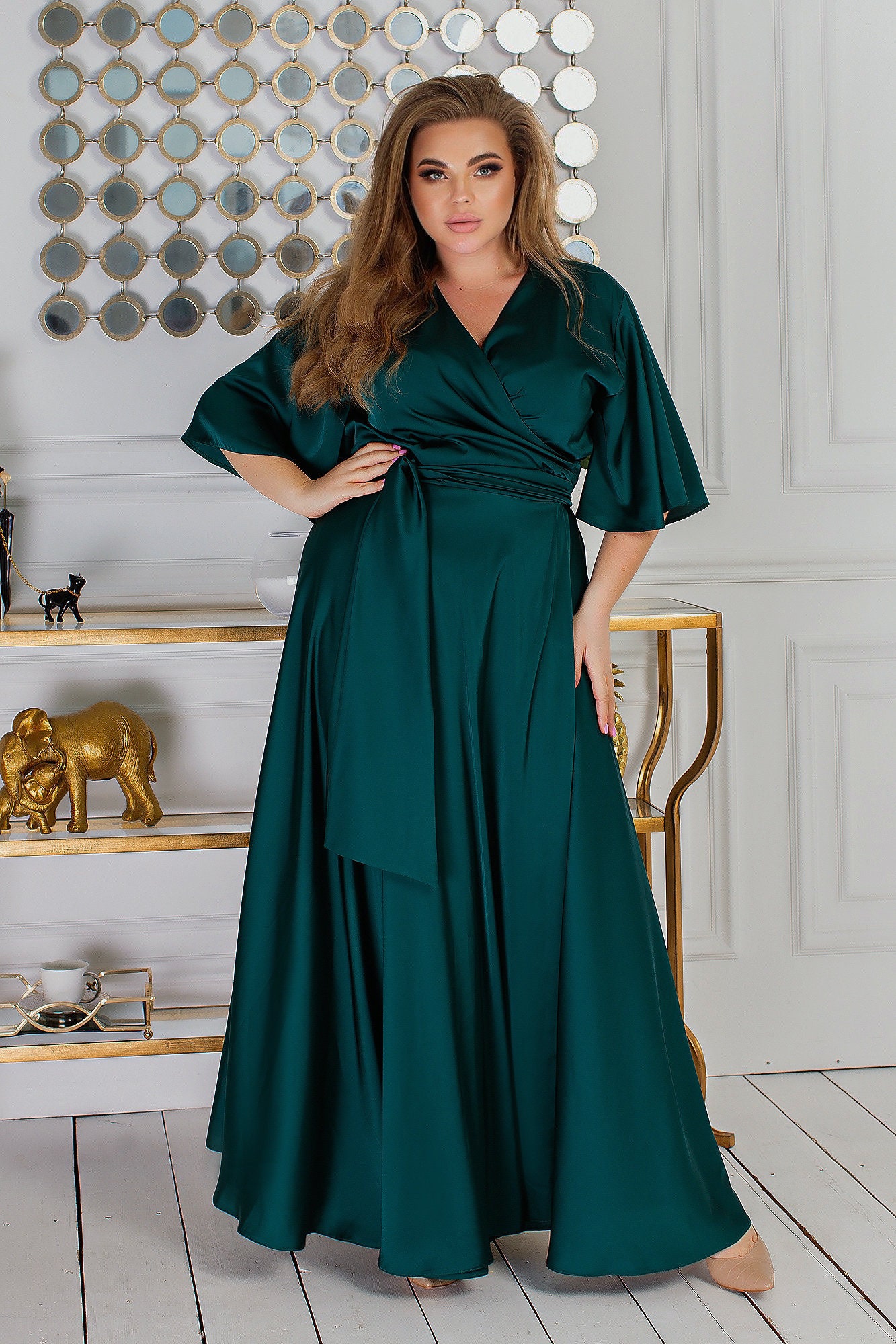 Halvkreds Asser sammensnøret Emerald Green Silk Flared Wrap Dress Bell Short Sleeve Plus - Etsy Hong Kong