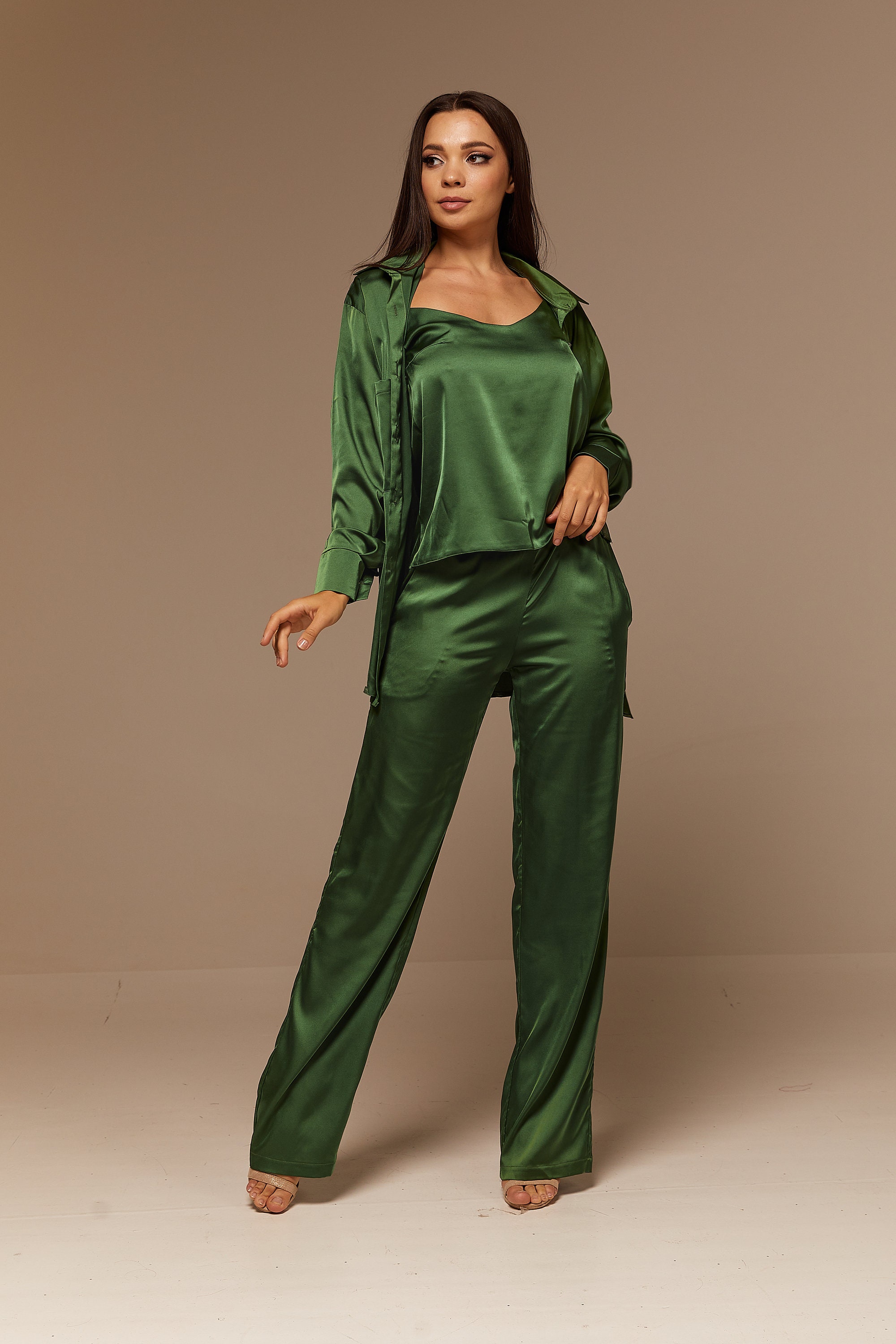 Moss Green Silk Pant Suit for Women Satin Three Piece Summer Etsy