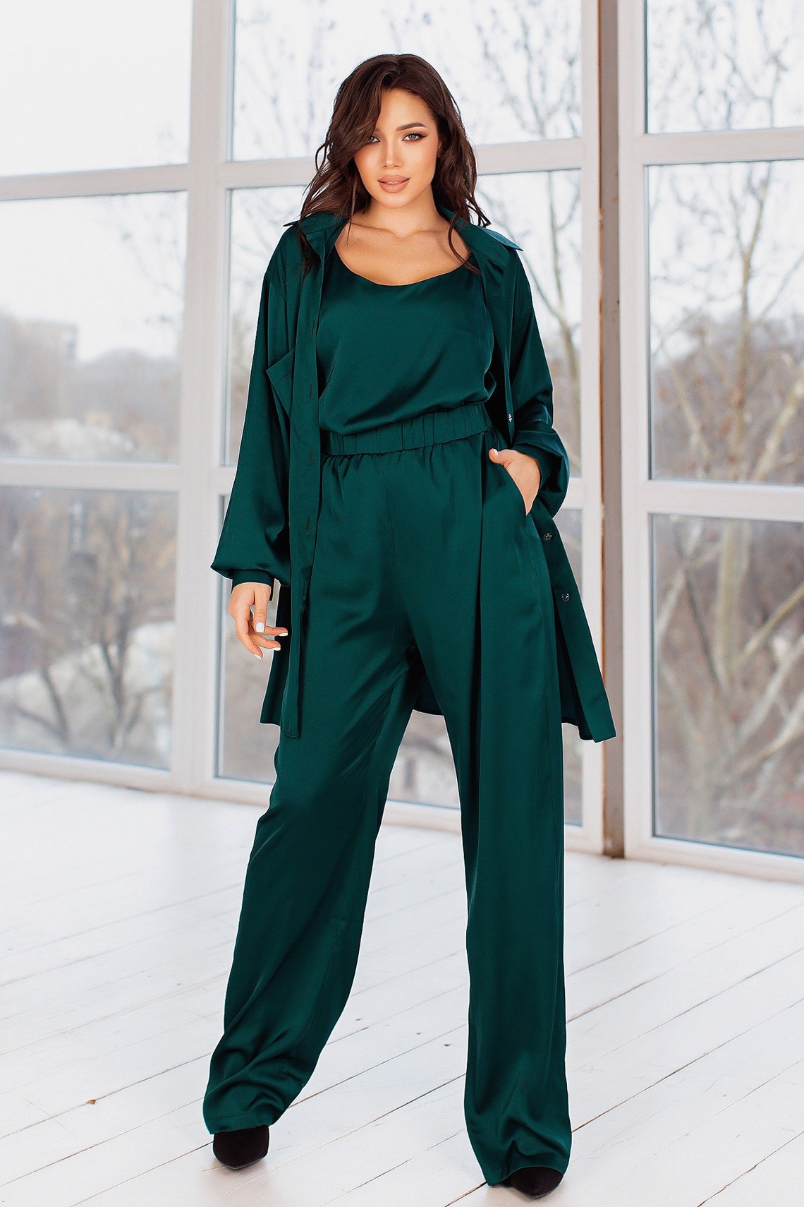 Forest Green Silk Pant Suit for Women Satin Three Piece | Etsy