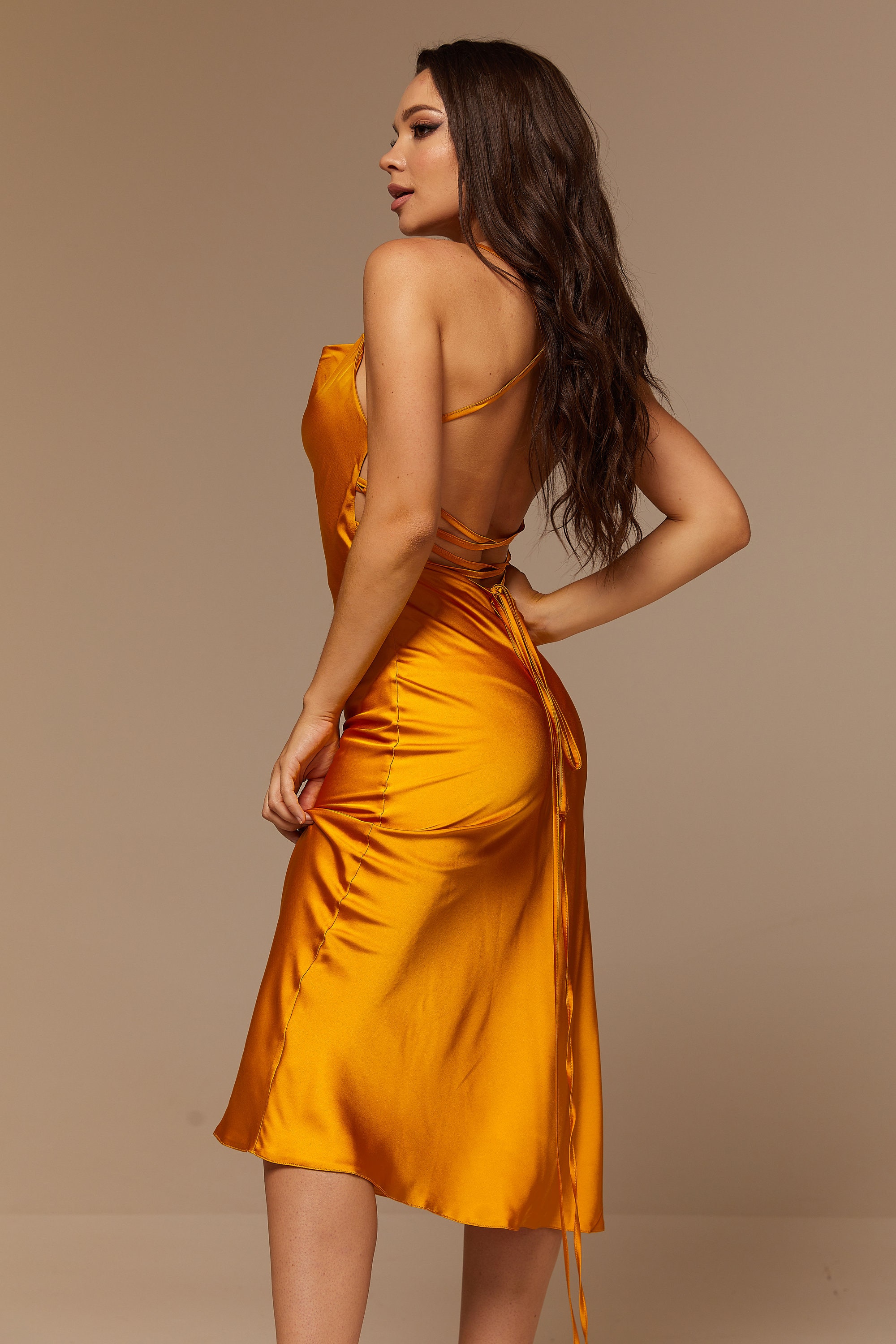 Orange Silk Slip Midi Dress Cowl Neck Lace up Open Back Etsy