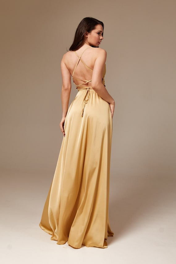 Golden Silk Maxi Flared Dress With Slit ...