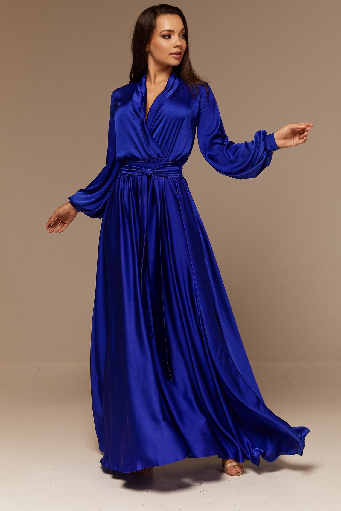 Royal Blue Silk Bridesmaid Dress Long Sleeve Maxi Satin | Etsy