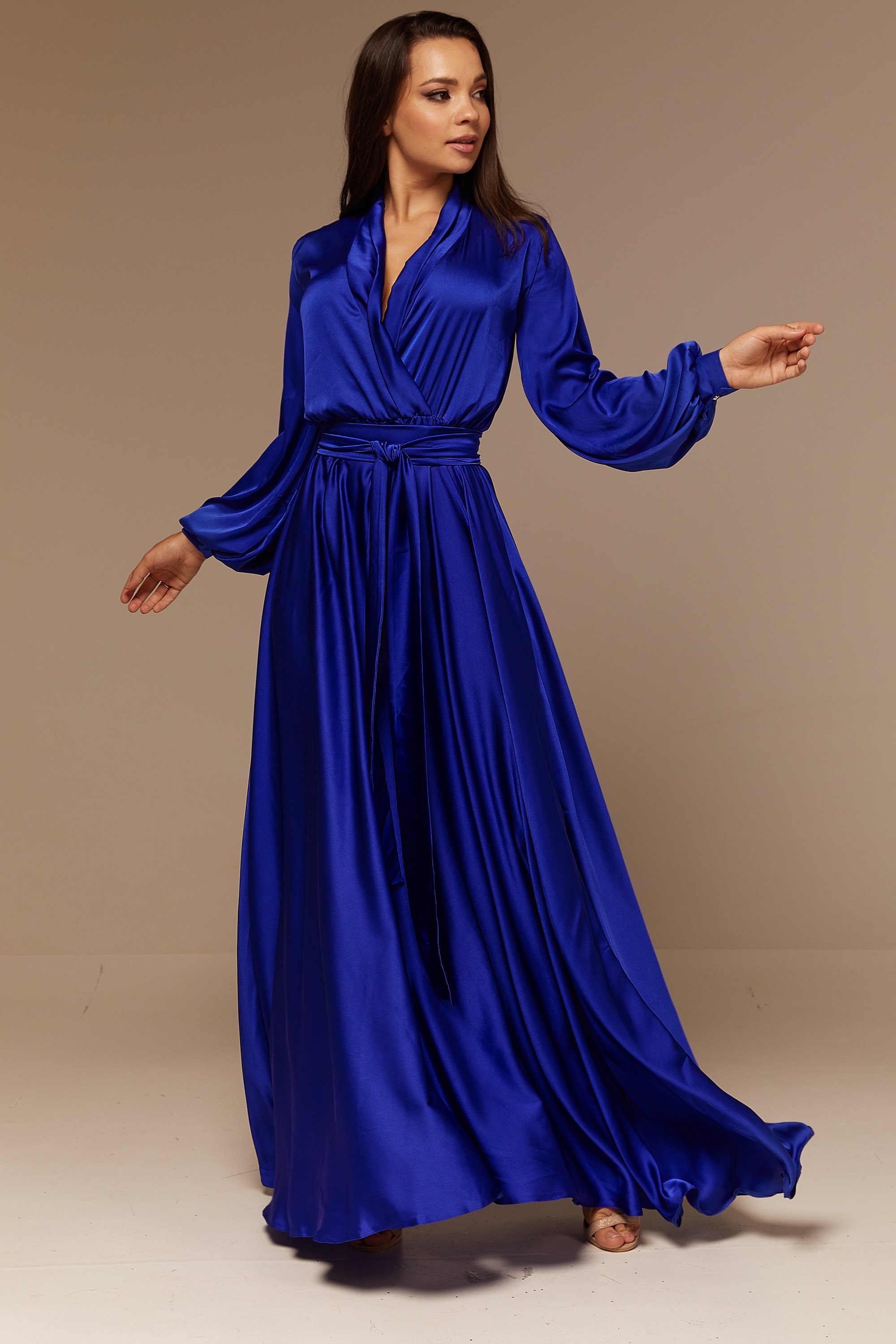 Royal Blue Silk Bridesmaid Dress Long Sleeve Maxi Satin Etsy