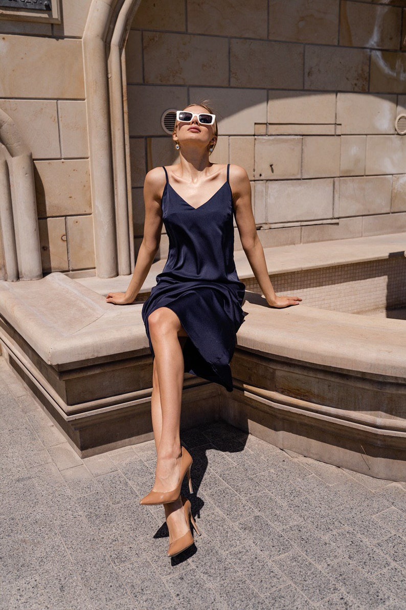 Navy Blue Silk Slip Midi Dress Silk Bias Dress V-neck - Etsy Australia