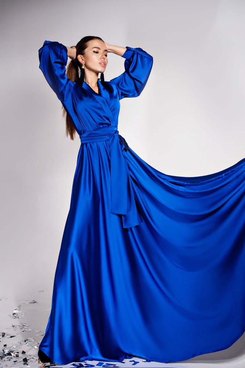 Royal Blue Silk Bridesmaid Dress Long Sleeve Maxi Satin Etsy