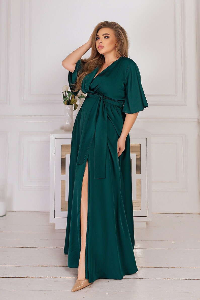 Emerald Green Silk Dress Maxi Short Sleeves Bridesmaid Dress - Etsy