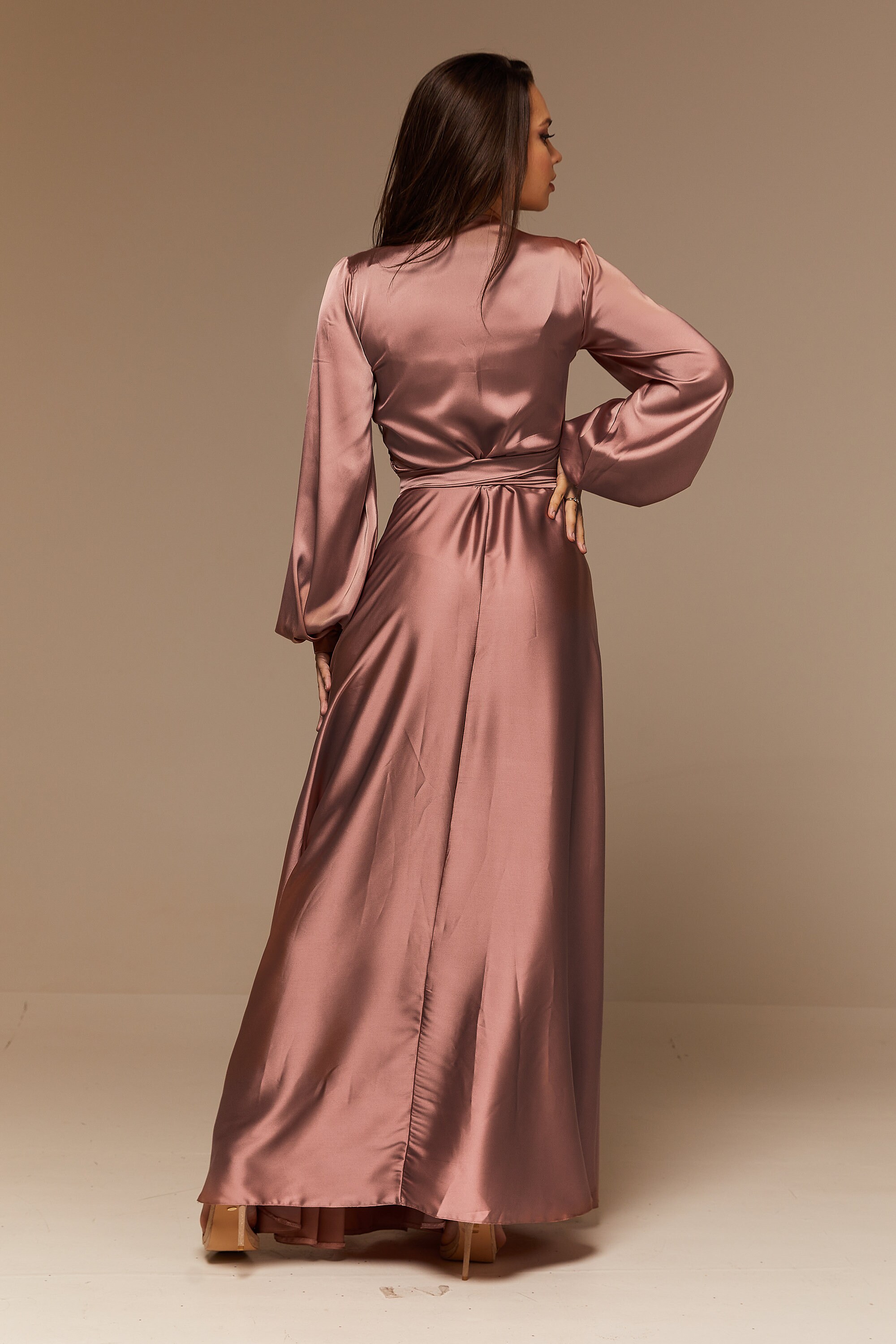Rose Gold Silk Wrap Flared Dress Long SleeveBridesmaid Dress Etsy