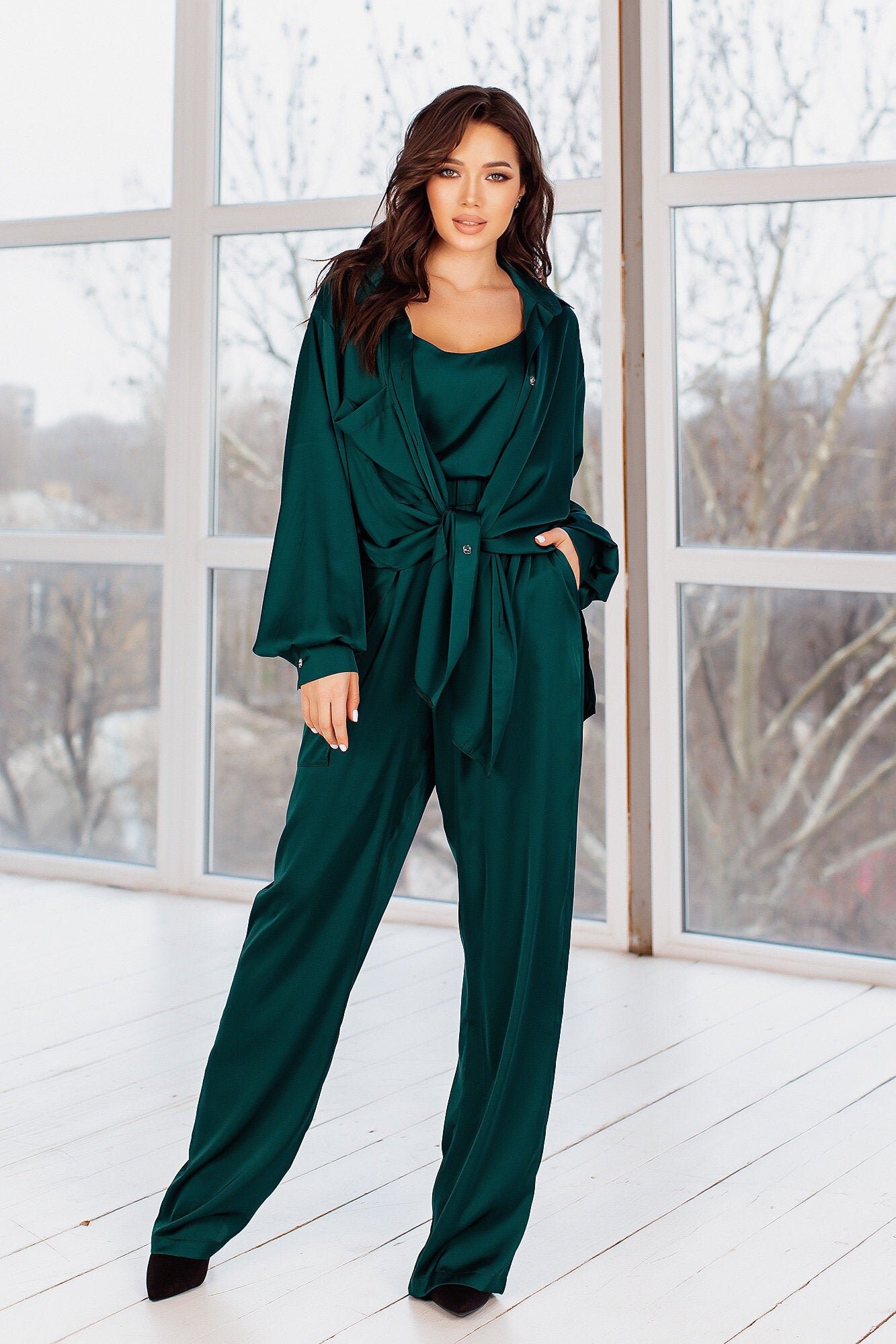 Forest Green Silk Pant Suit for Women Satin Three Piece - Etsy UK