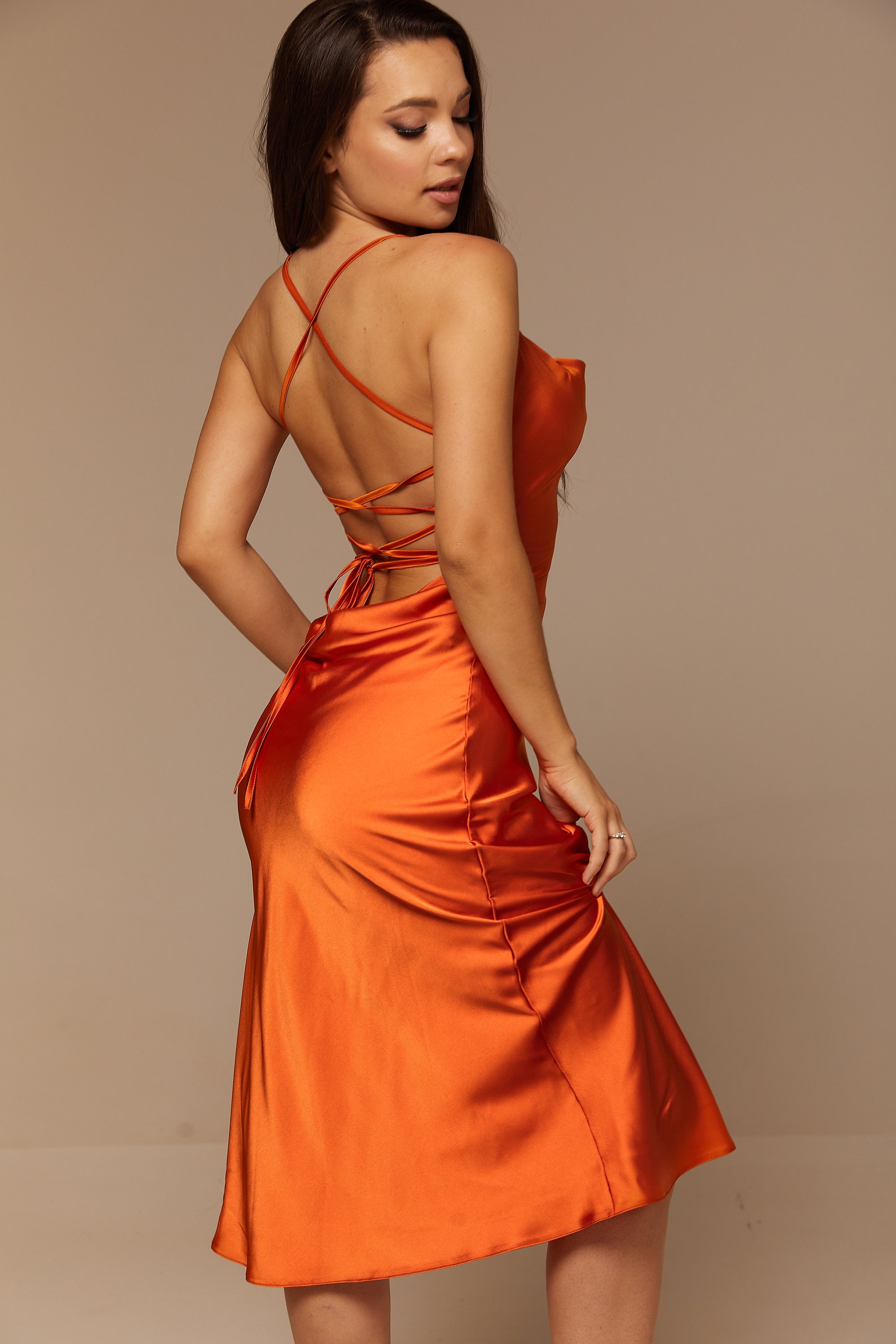 Burnt Orange Silk Slip Midi Dress Cowl ...