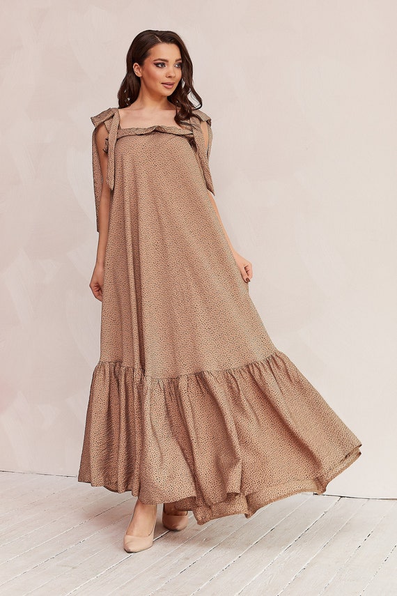 Beige Cotton Sundress Maxi Ruffle Summer Polka Dot Dress Etsy
