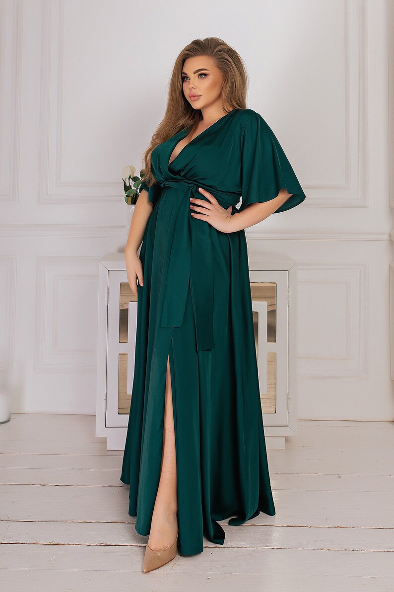 Emerald Green Silk Dress Maxi Short Sleeves Bridesmaid Dress - Etsy