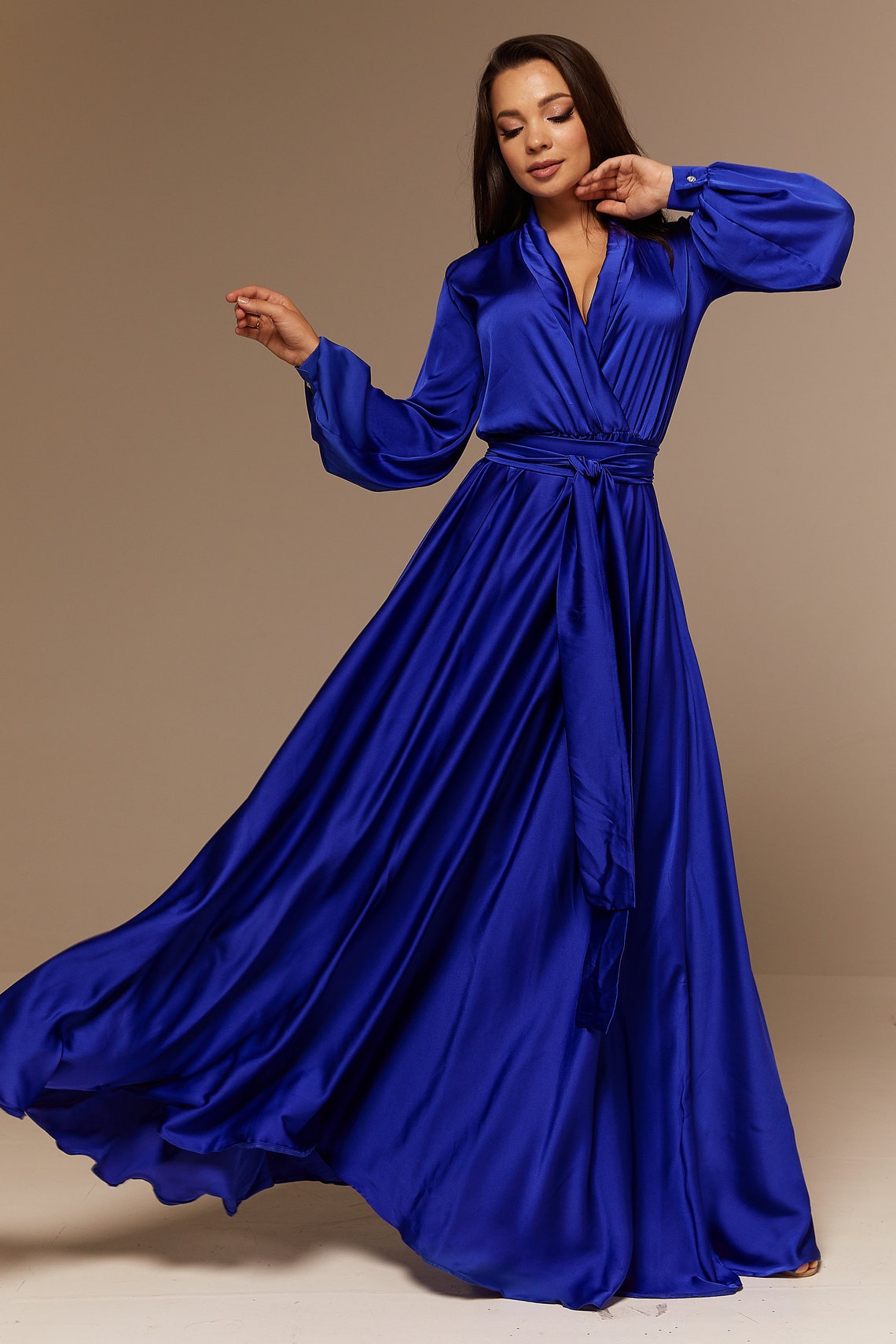 Royal Blue Silk Bridesmaid Dress Long Sleeve Maxi Satin | Etsy