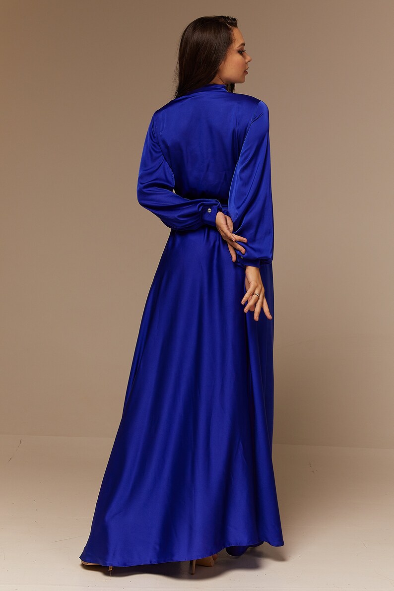 Royal Blue Silk Bridesmaid Dress Long Sleeve Maxi Satin Etsy