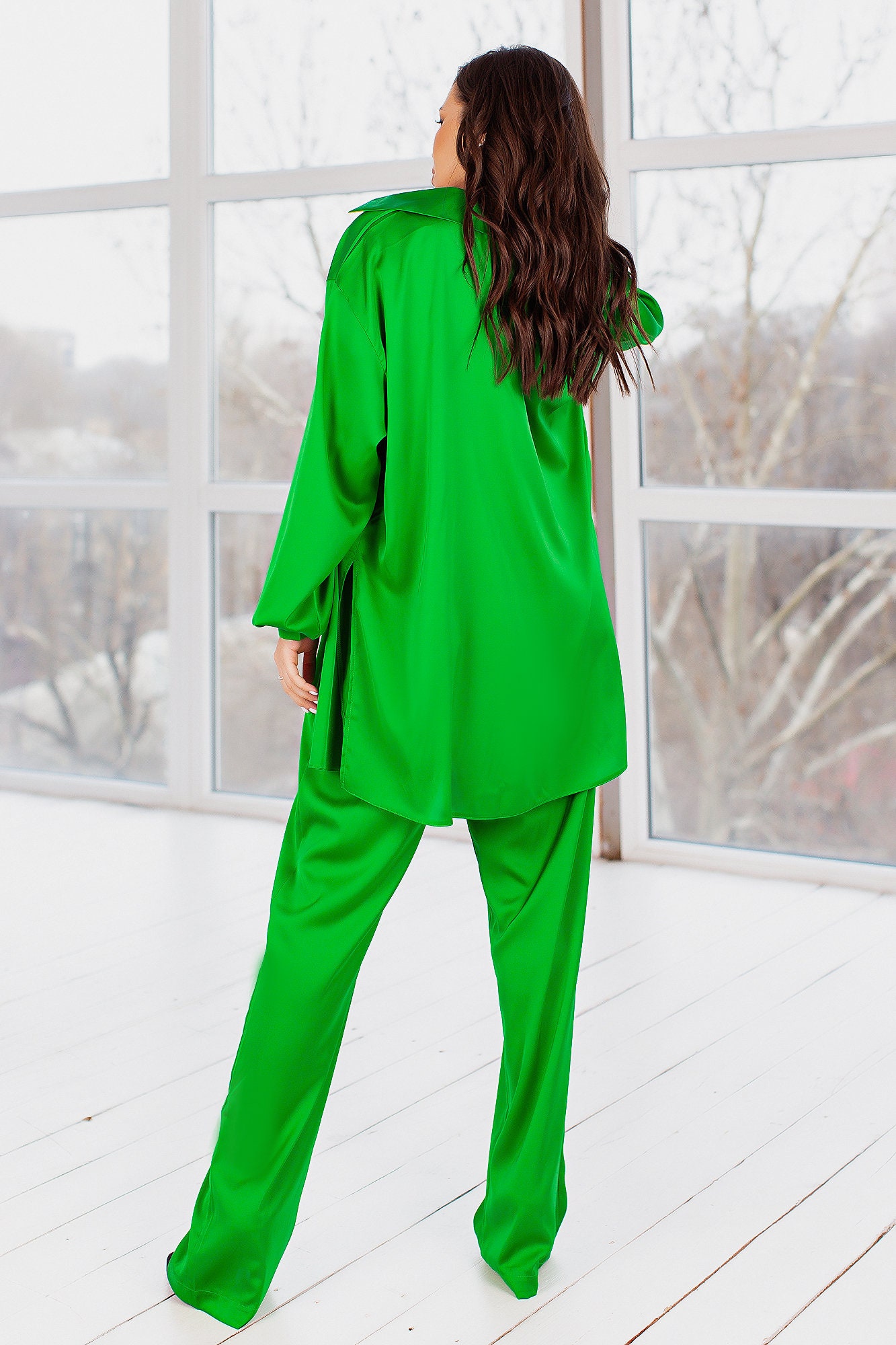 Spring Green Silk Pant Suit for Women Satin Three Piece | Etsy