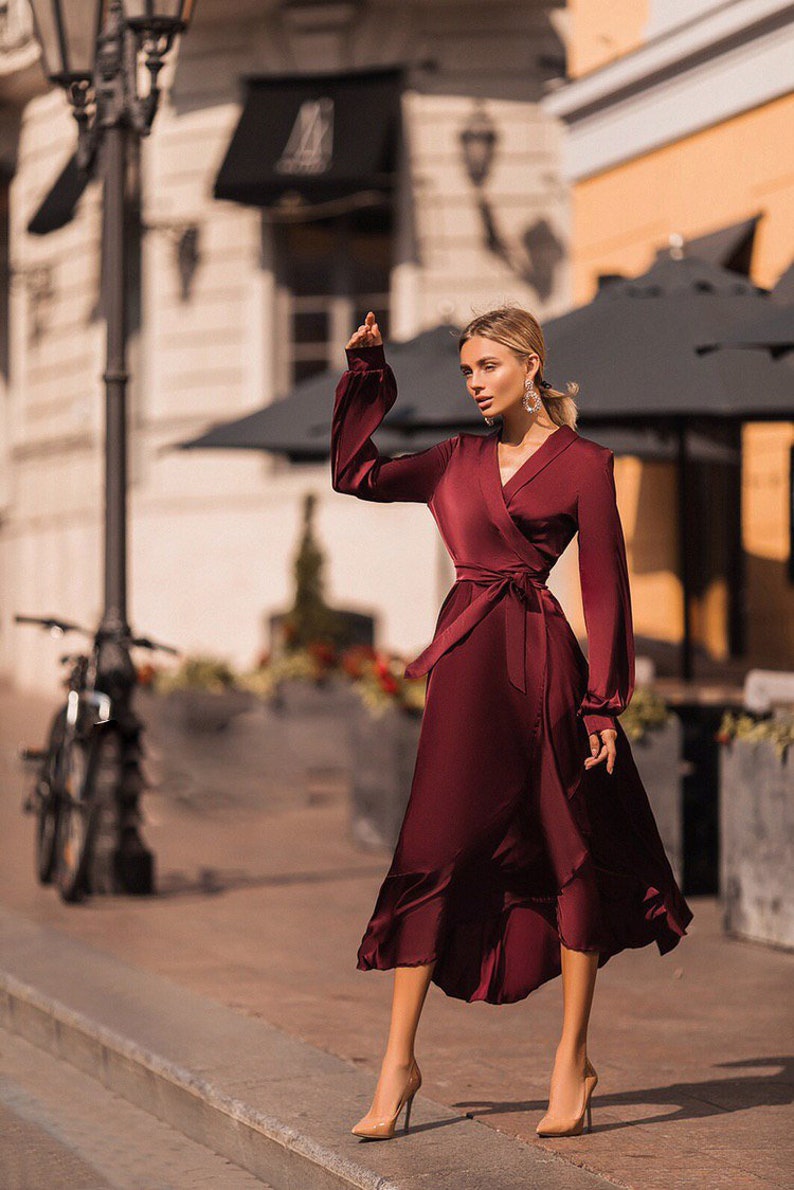 Burgundy Silk Ruffle Wrap Dress Bridesmaid Dress image 0