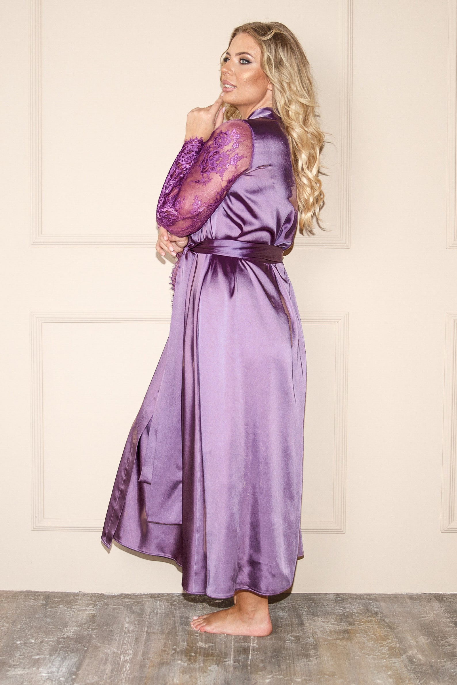Satin Lace Bridesmaid Long Robe Purple Silk Dressing Gown Maxi Etsy
