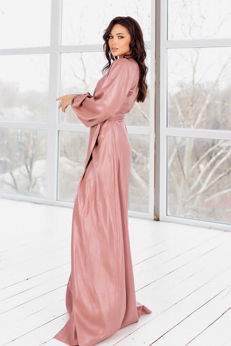Rose Gold Linen Wrap Dress Long Sleeve Floor Length Etsy