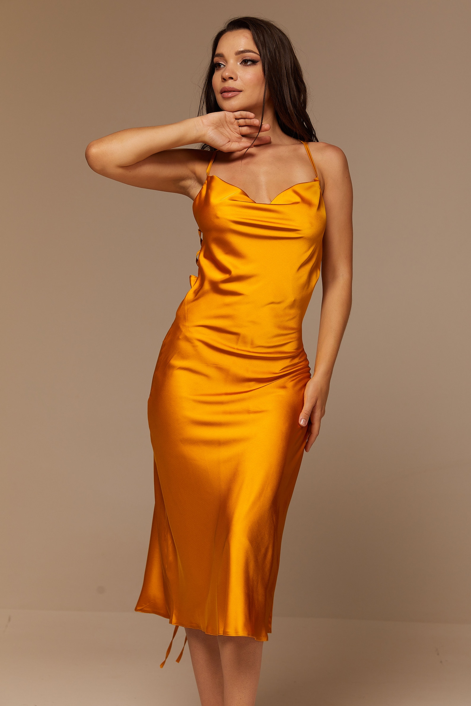 golden orange satin cowl lace up bodycon dress