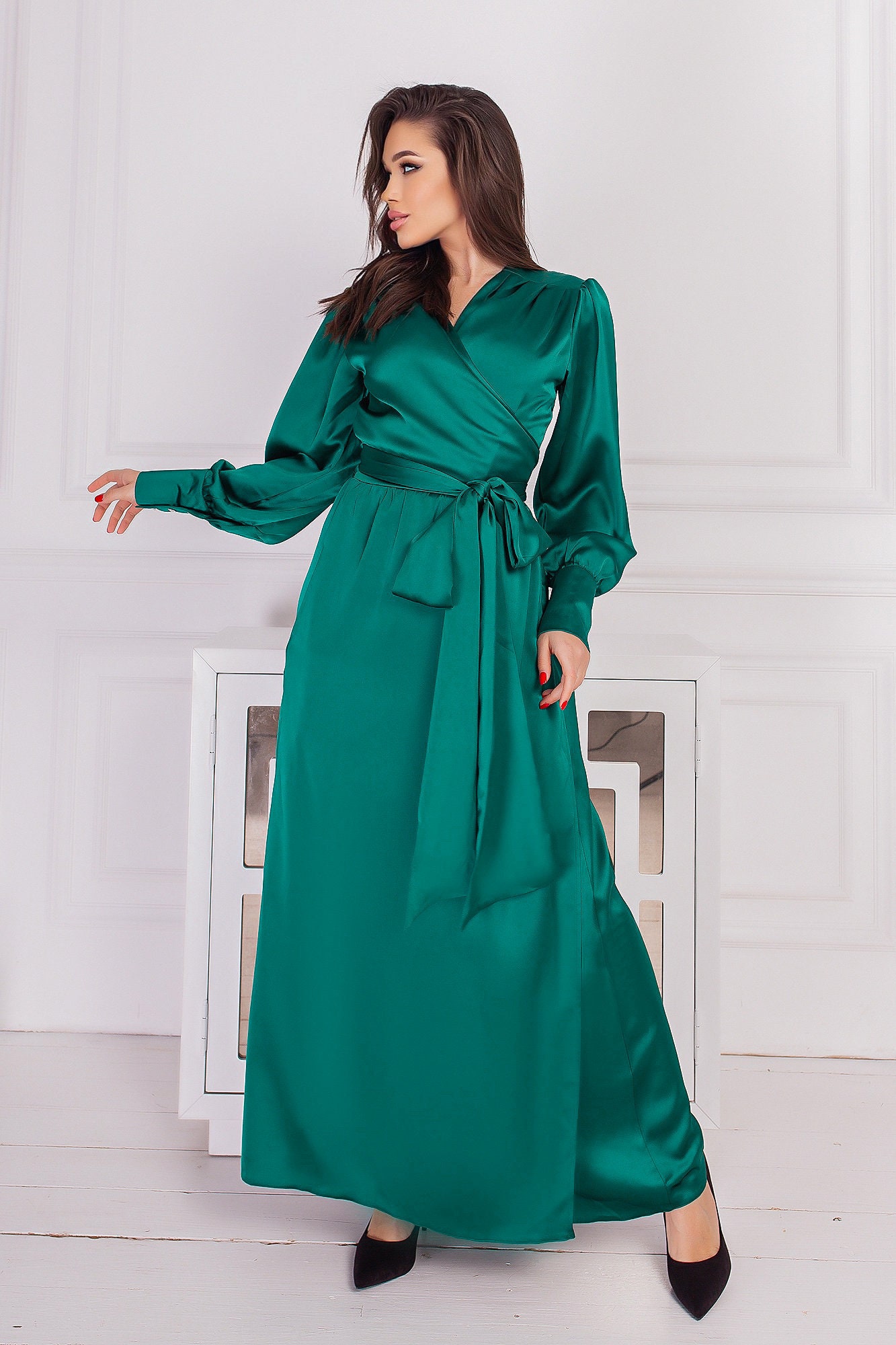 Emerald Green Satin Maxi Dress Long Sleeves Wrap Evening Dress | Etsy