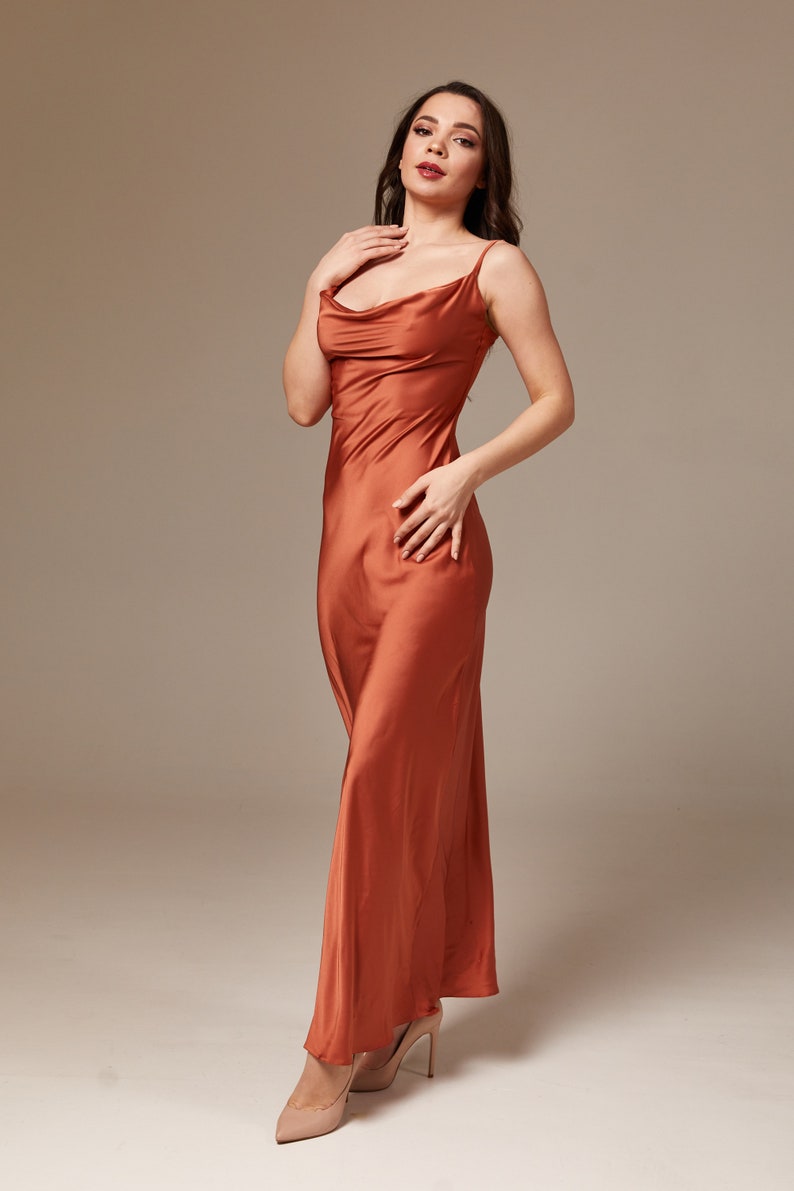 Rust Maxi Silk Slip Dress Cowl Neck Silk Maxi Dress Etsy