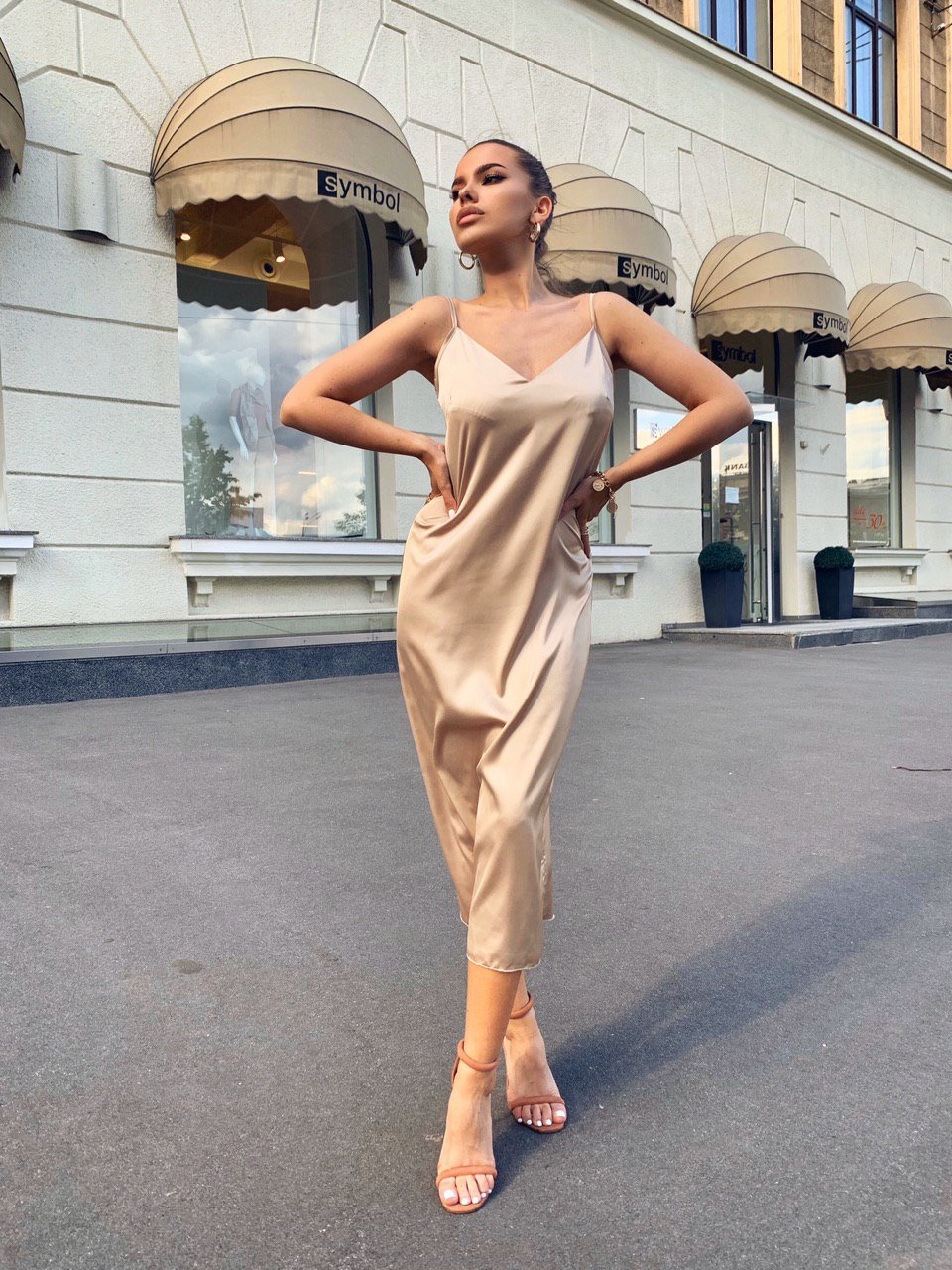 beige satin dress