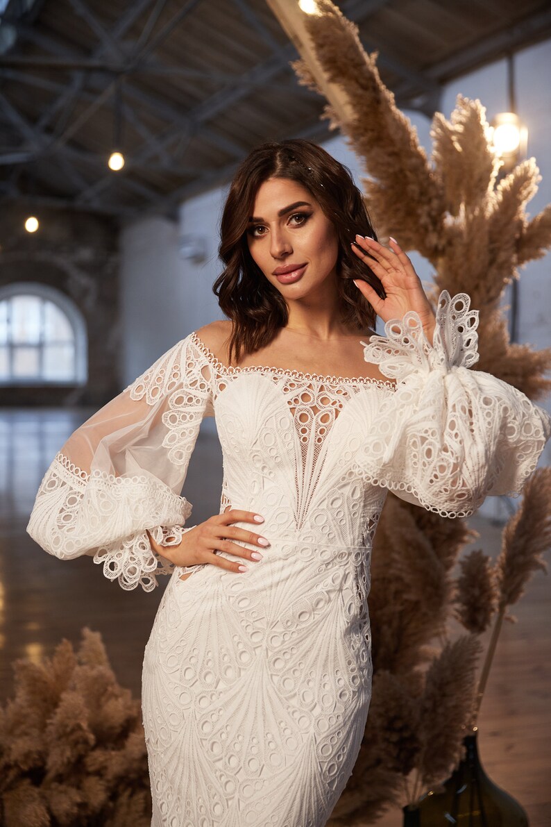 Cotton Lace Boho Wedding Dress with Train, Bohemian Gown, Simple Cotton Lace Boho Wedding Dress with Train, Bohemian Gown, Simple