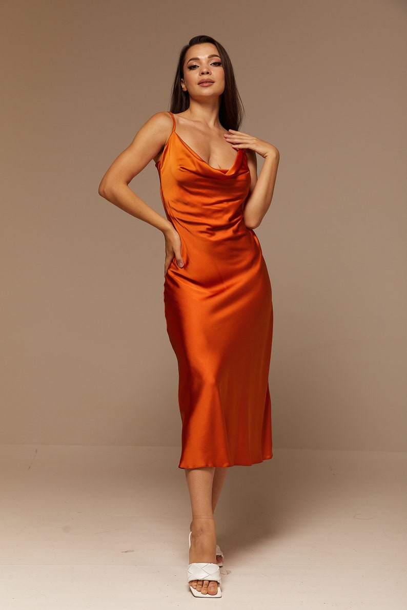 Burnt Orange Silk Slip Dress Cowl NeckRust Midi Silk Etsy