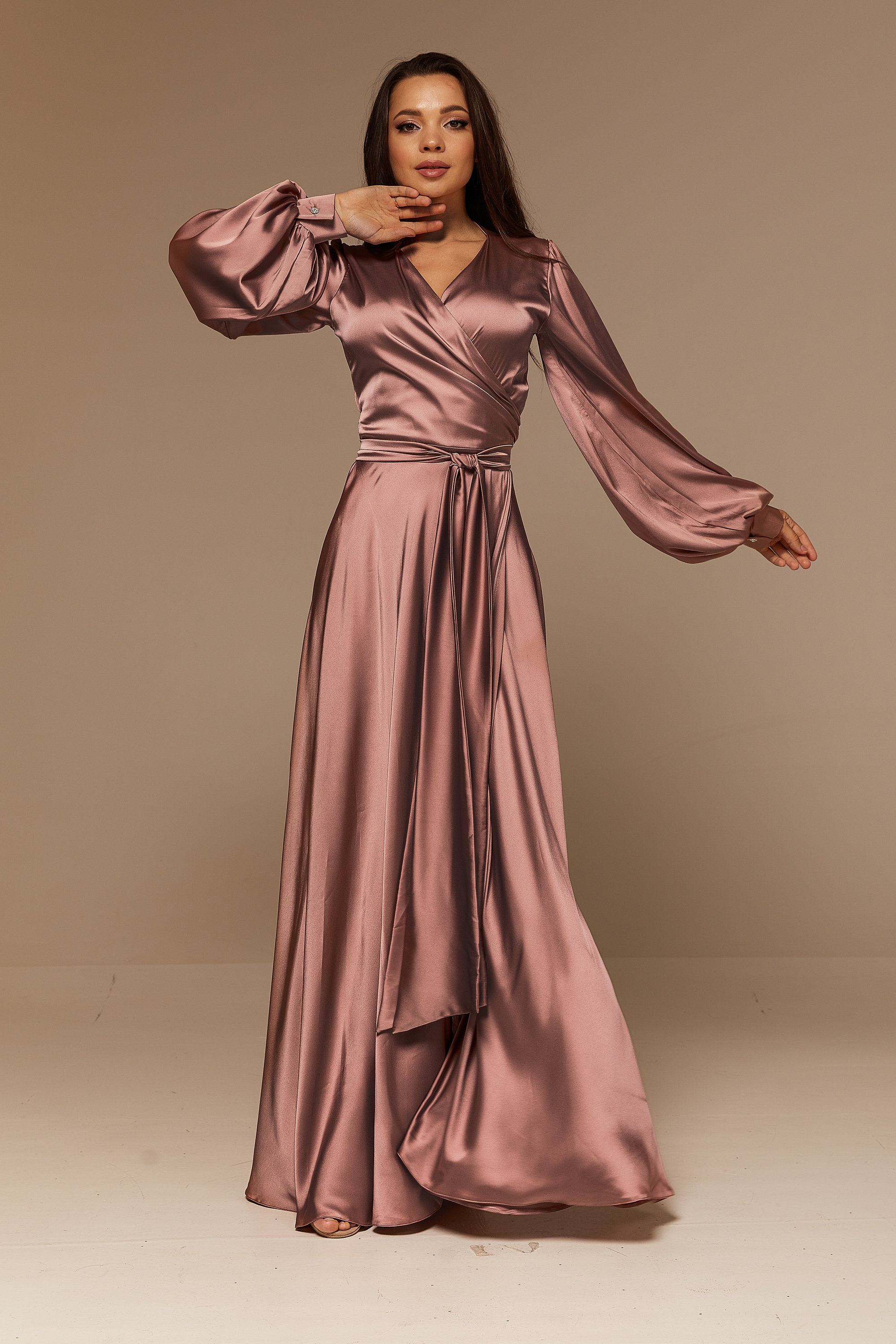 Rose Gold Silk Wrap Flared Dress Long SleeveBridesmaid Dress Etsy