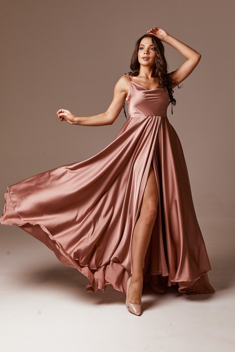 Rose Gold Silk Maxi Flared Dress with Slit Bridesmaid Dress image 2