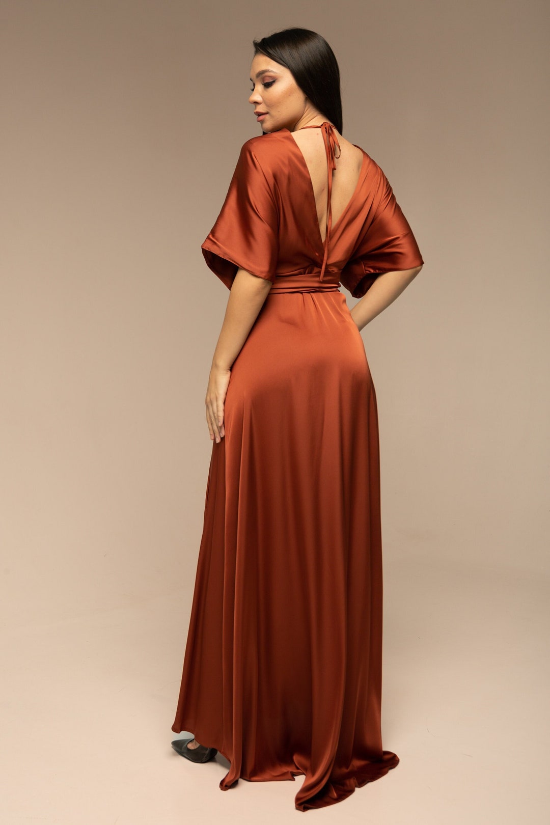 Rust Silk Full Wrap Maxi Dress With Short Batwing Sleeves