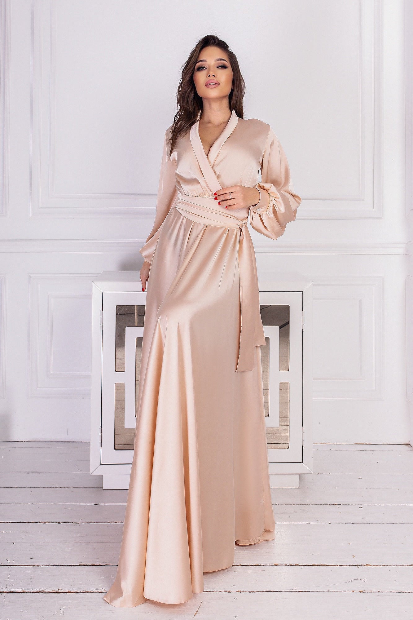 Champagne Beige Silk Bridesmaid Flared Dress Long Sleeves Etsy