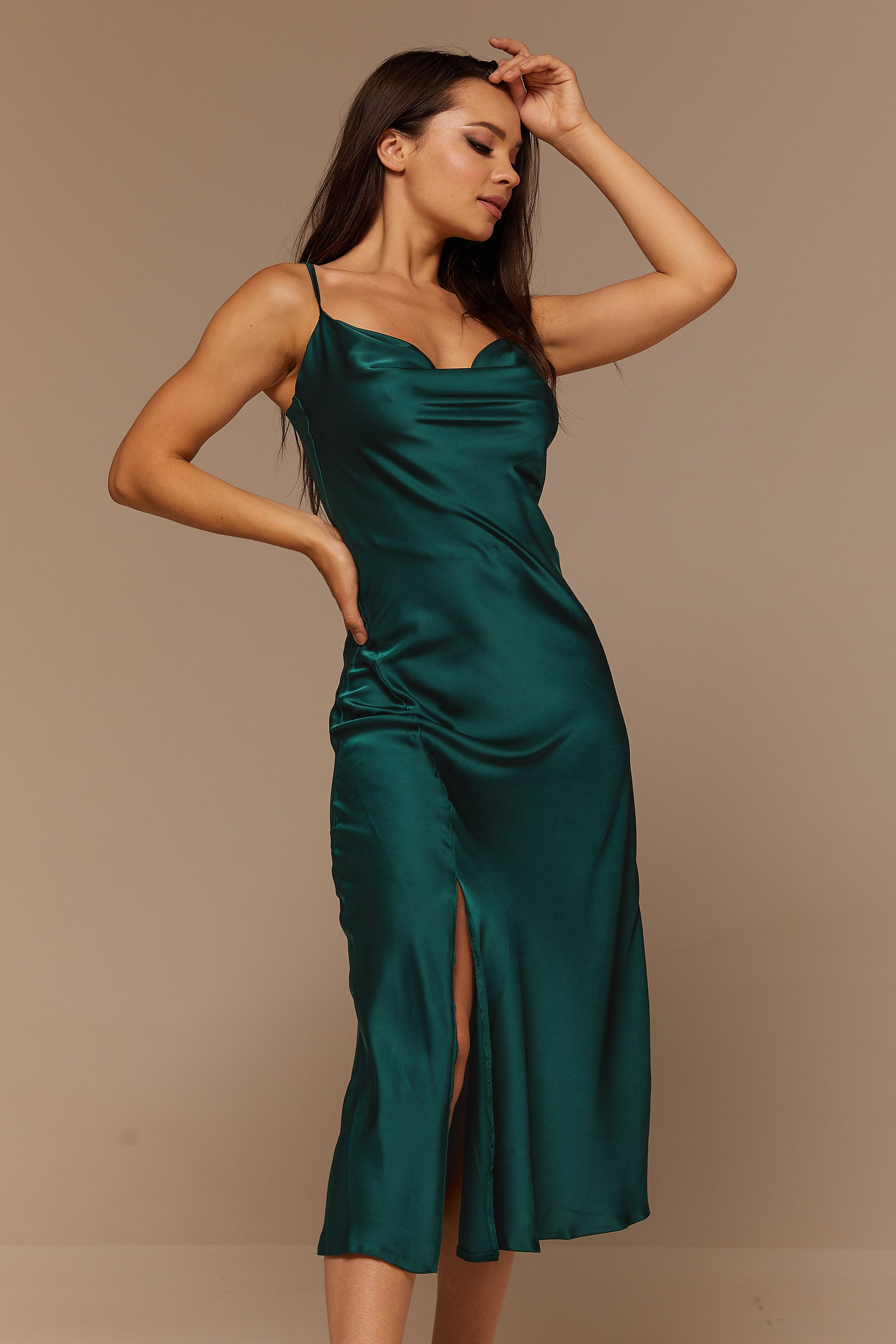 Emerald Green Silk Slip Dress With Slit Bridesmaid Midi Silk - Etsy Sweden