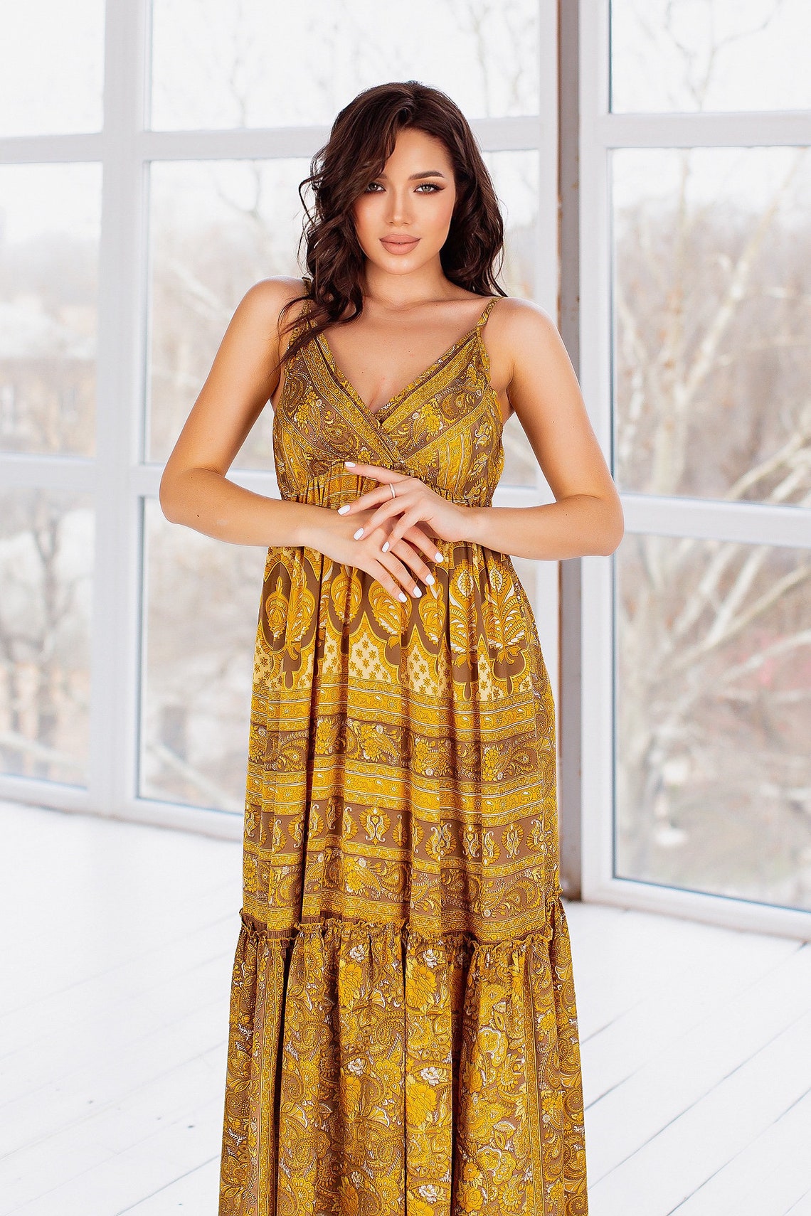 Yellow Gold Floral Maxi Sun Dressboho Summer Dress Etsy Ireland