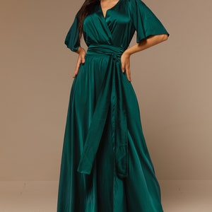 Emerald Green Silk Full Wrap Maxi Dress, Summer Bridesmaid Green Silk ...