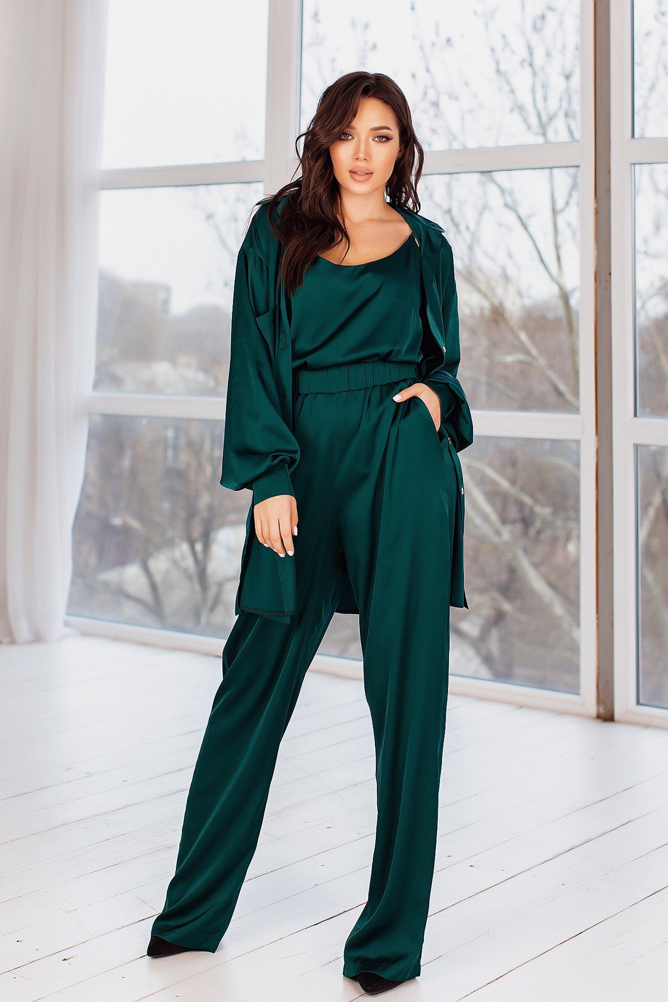 Forest Green Silk Pant Suit for Women Satin Three Piece - Etsy UK