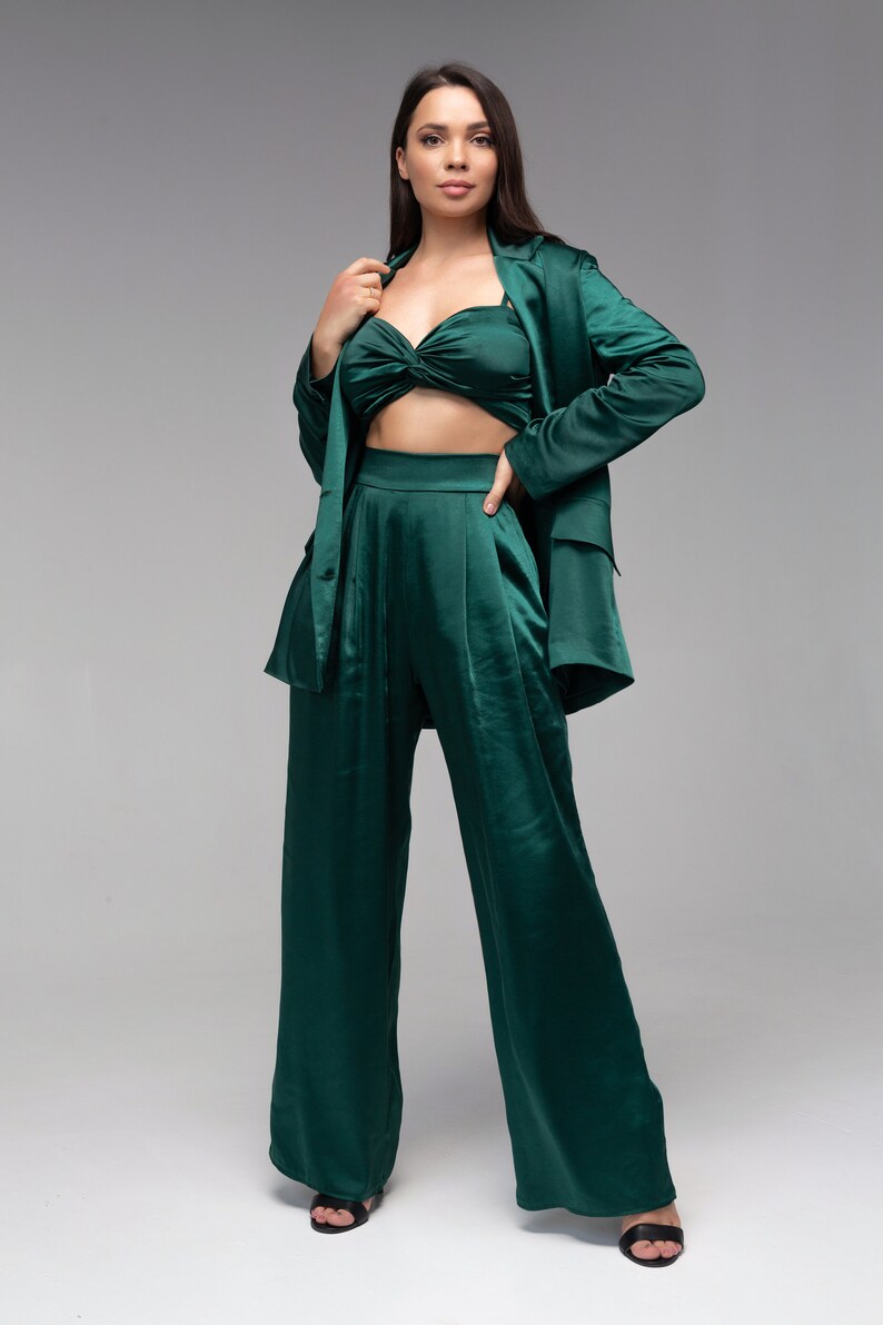 Dark Emerald Green Satin Pants Suit for Women Green Satin Etsy